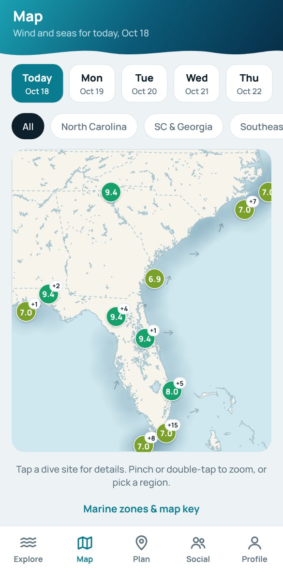 The SEDS map: dive sites with their scores and wind arrows over the water